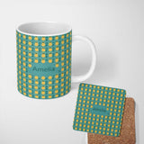 Personalized Custom Name Minimal Pineapple Repeat Pattern Teal Background Cute Tropical 11oz Ceramic Coffee Tea Mug White Large Handle