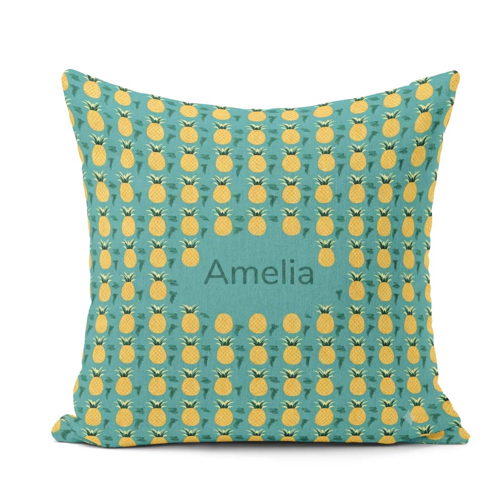 Custom Name Minimal Repeat Pattern Teal Background Cute Tropical Square Filled Cushion Throw Pillow Sofa Bed Home Decor Zip Washable UK Made