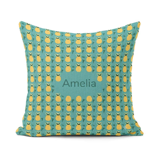 Custom Name Minimal Repeat Pattern Teal Background Cute Tropical Square Filled Cushion Throw Pillow Sofa Bed Home Decor Zip Washable UK Made