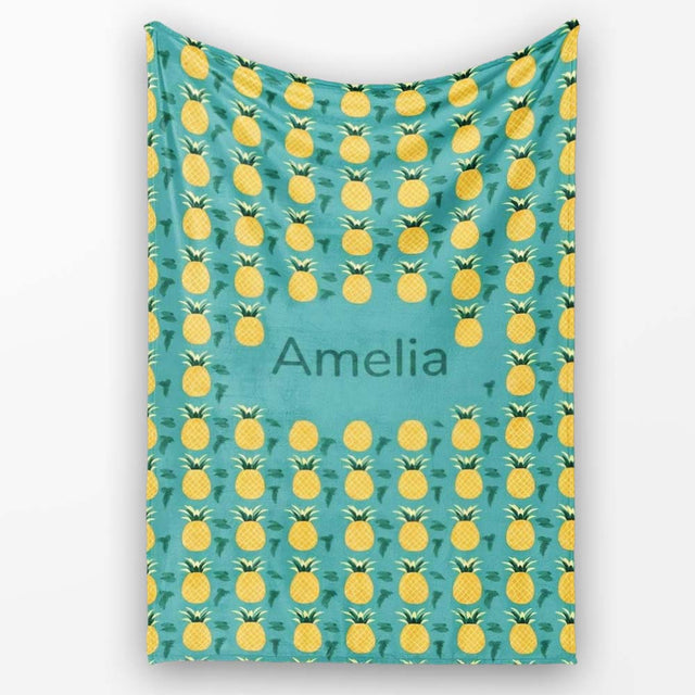 Minimal Pineapple Repeat Pattern Teal Background Cute Tropical  Personalised Custom Name Super Soft Fleece Blanket Bed Sofa Throw