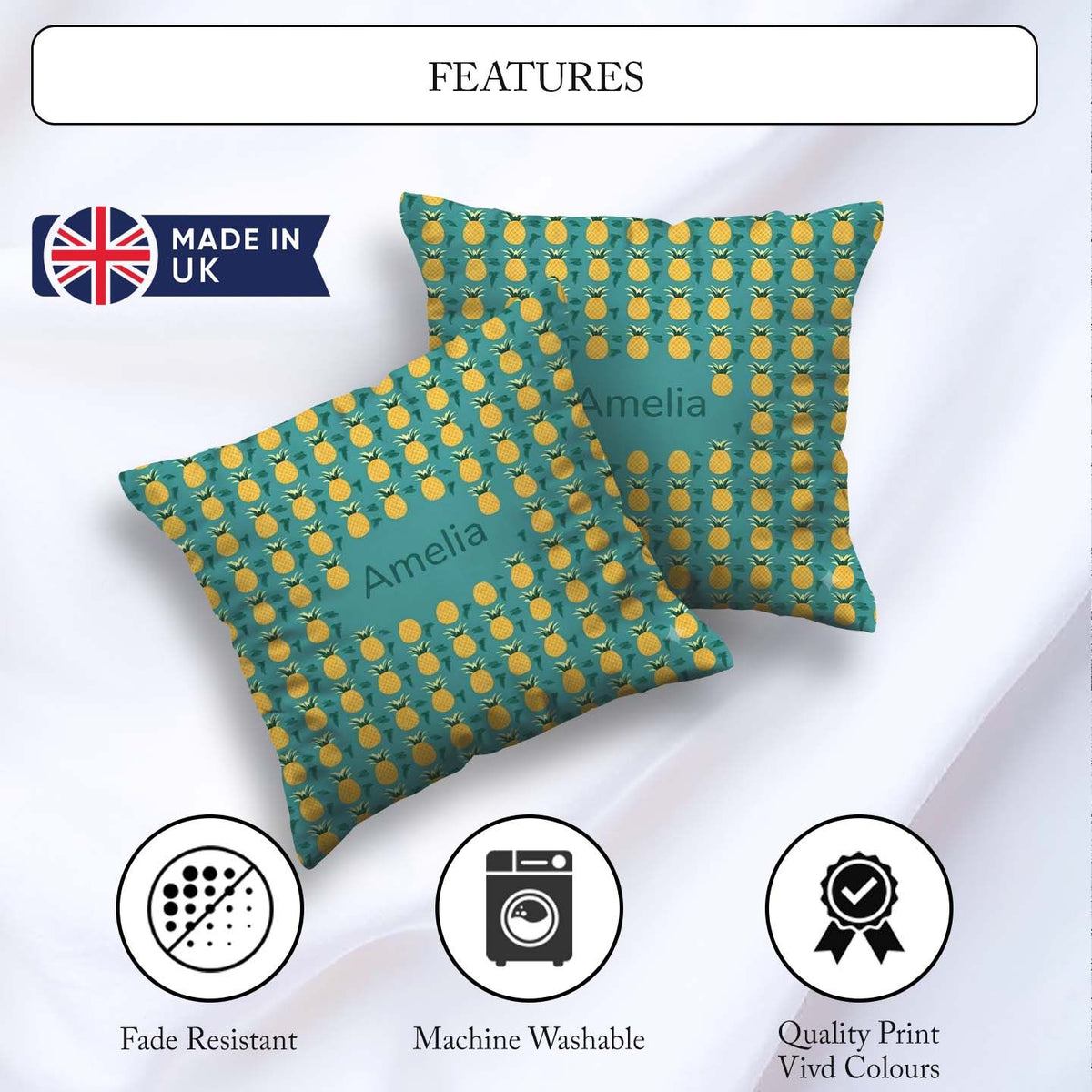 Custom Name Minimal Repeat Pattern Teal Background Cute Tropical Square Filled Cushion Throw Pillow Sofa Bed Home Decor Zip Washable UK Made