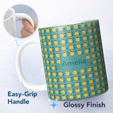 Personalized Custom Name Minimal Pineapple Repeat Pattern Teal Background Cute Tropical 11oz Ceramic Coffee Tea Mug White Large Handle