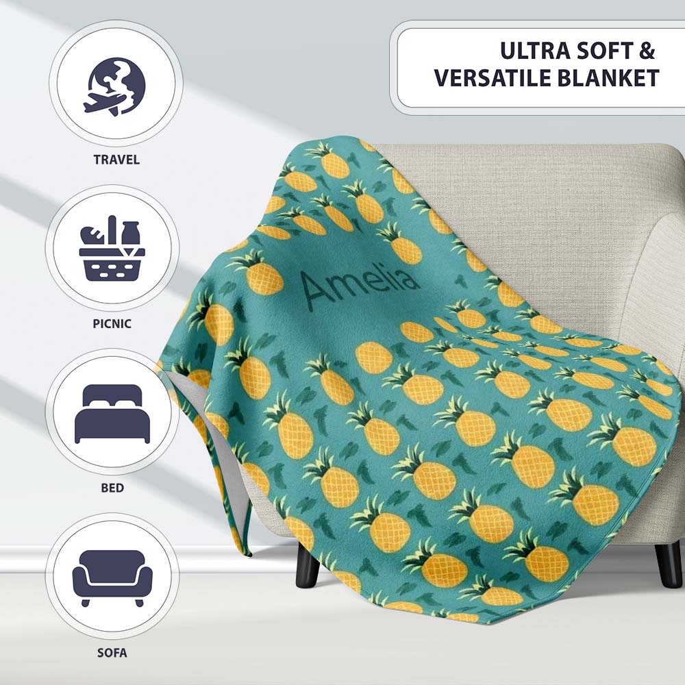 Minimal Pineapple Repeat Pattern Teal Background Cute Tropical  Personalised Custom Name Super Soft Fleece Blanket Bed Sofa Throw