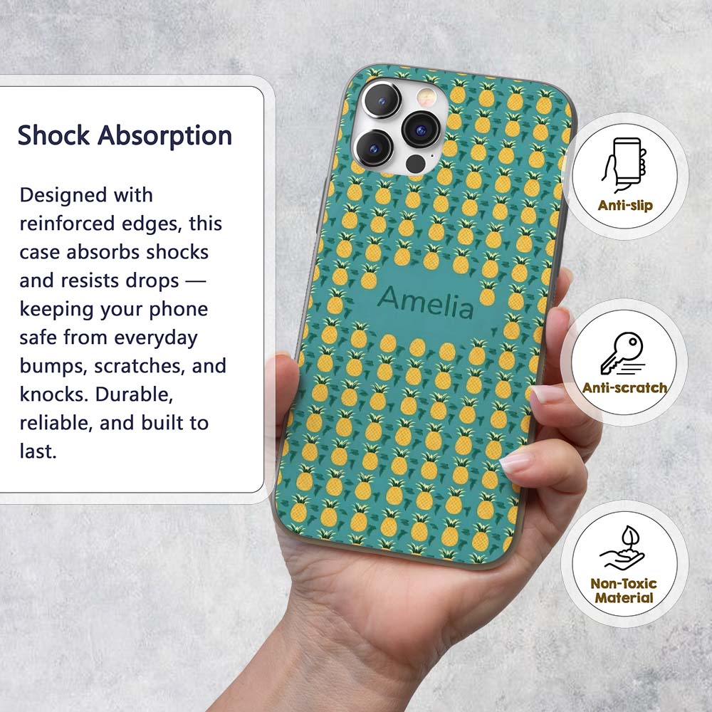 Minimal Pineapple Repeat Pattern Teal Background Custom Name Protective Phone Case Mobile Cover Durable Everyday Smartphone Shock Resistant