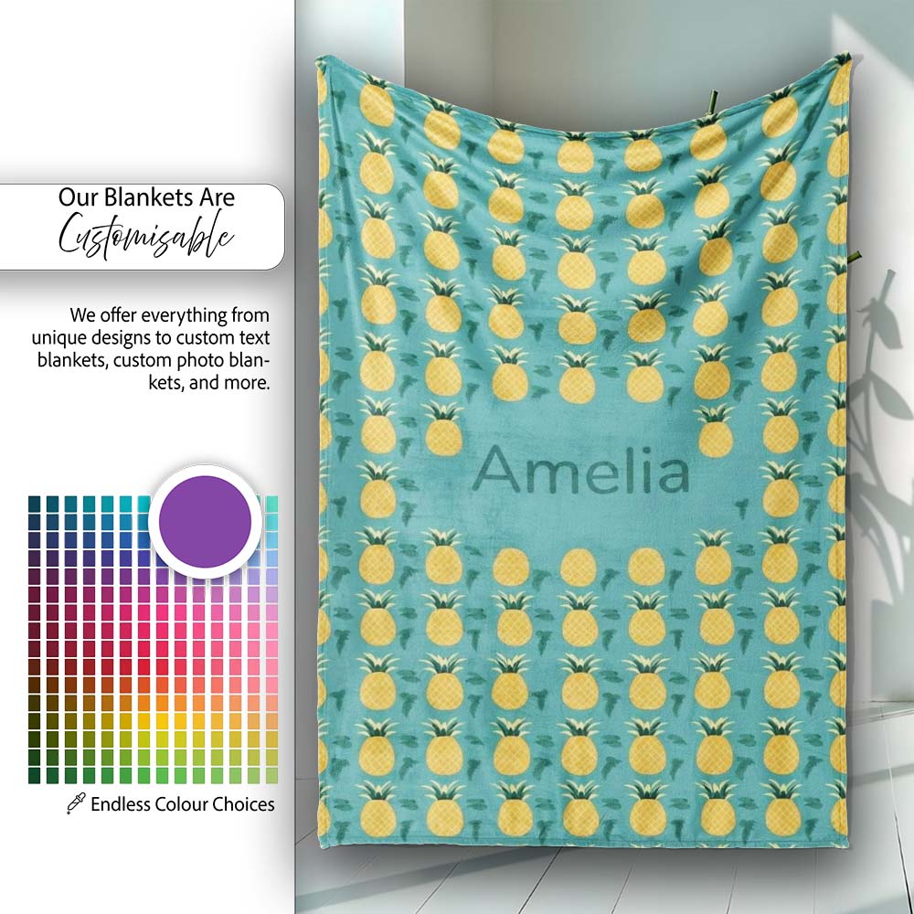Minimal Pineapple Repeat Pattern Teal Background Cute Tropical  Personalised Custom Name Super Soft Fleece Blanket Bed Sofa Throw