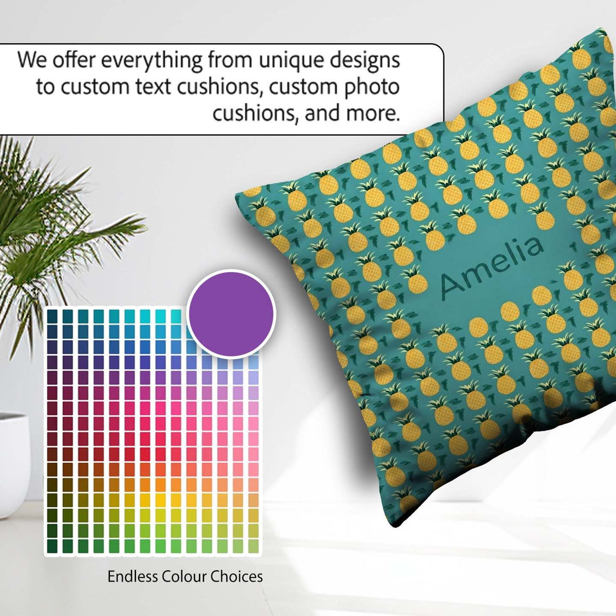 Custom Name Minimal Repeat Pattern Teal Background Cute Tropical Square Filled Cushion Throw Pillow Sofa Bed Home Decor Zip Washable UK Made