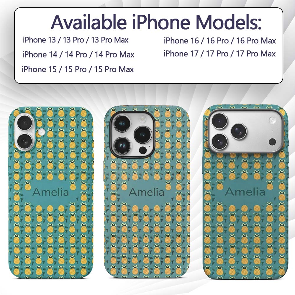 Minimal Pineapple Repeat Pattern Teal Background Custom Name Protective Phone Case Mobile Cover Durable Everyday Smartphone Shock Resistant