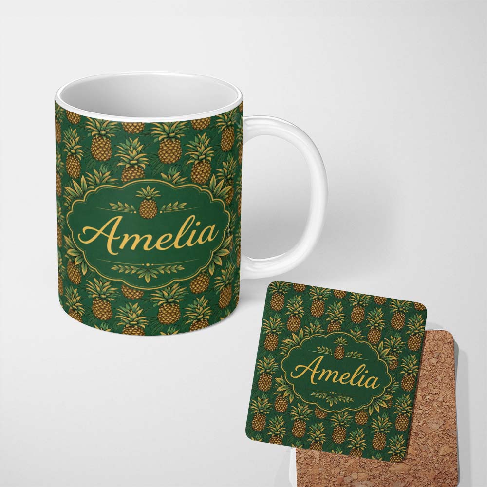 Personalized Custom Name Classic Pineapple Botanical Seamless Pattern Dark Green Tropical 11oz Ceramic Coffee Tea Mug White Large Handle