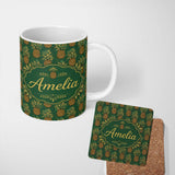 Personalized Custom Name Classic Pineapple Botanical Seamless Pattern Dark Green Tropical 11oz Ceramic Coffee Tea Mug White Large Handle