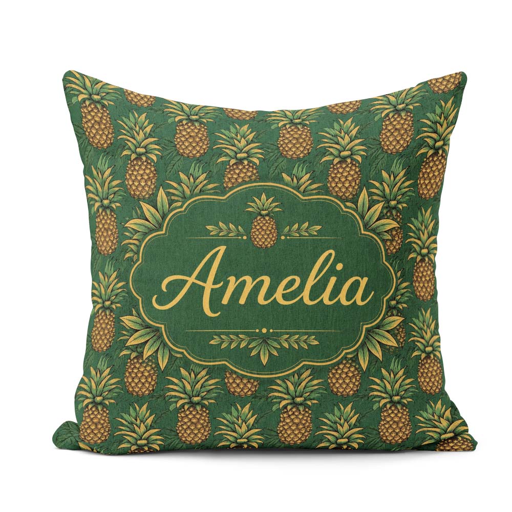 Custom Name Classic Pineapple Botanical Seamless Green Tropical Square Filled Cushion Throw Pillow Sofa Bed Home Decor Zip Washable UK Made