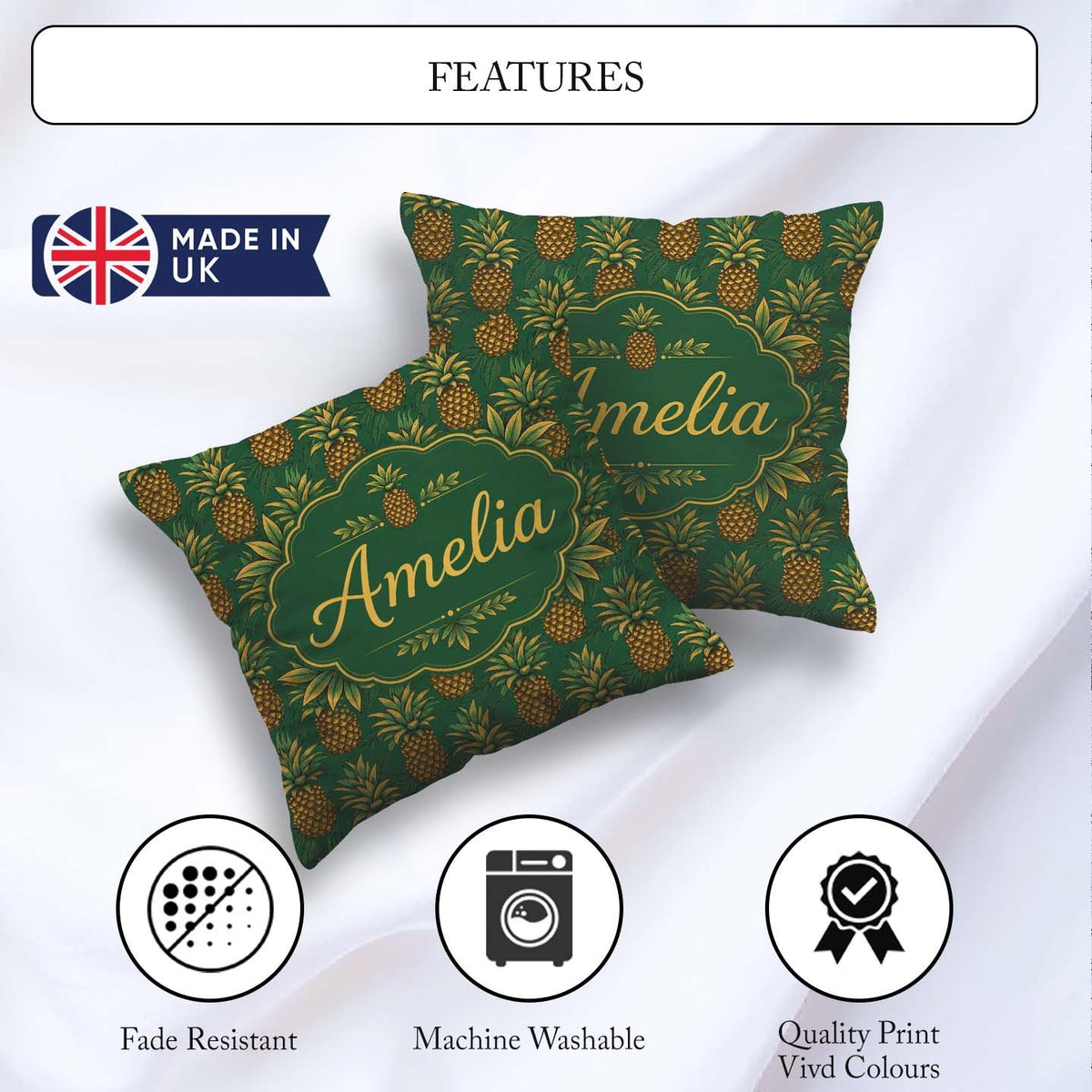 Custom Name Classic Pineapple Botanical Seamless Green Tropical Square Filled Cushion Throw Pillow Sofa Bed Home Decor Zip Washable UK Made