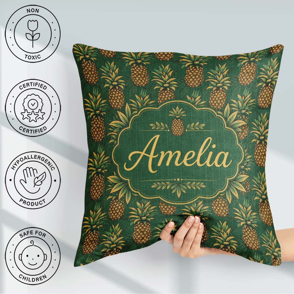 Custom Name Classic Pineapple Botanical Seamless Green Tropical Square Filled Cushion Throw Pillow Sofa Bed Home Decor Zip Washable UK Made