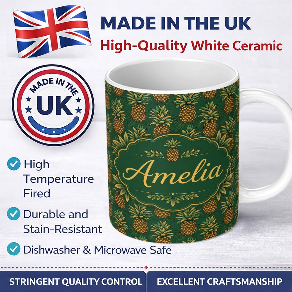 Personalized Custom Name Classic Pineapple Botanical Seamless Pattern Dark Green Tropical 11oz Ceramic Coffee Tea Mug White Large Handle