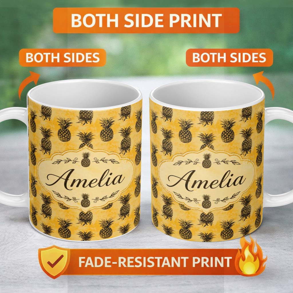 Personalized Custom Name Grunge Pineapple Sketch Seamless Pattern Yellow Vintage Fruit Name 11oz Ceramic Coffee Tea Mug White Large Handle