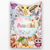Cute Cartoon Jungle Safari Animals Seamless Pattern on Pink Lovely  Personalised Custom Name Super Soft Fleece Blanket Bed Sofa Throw