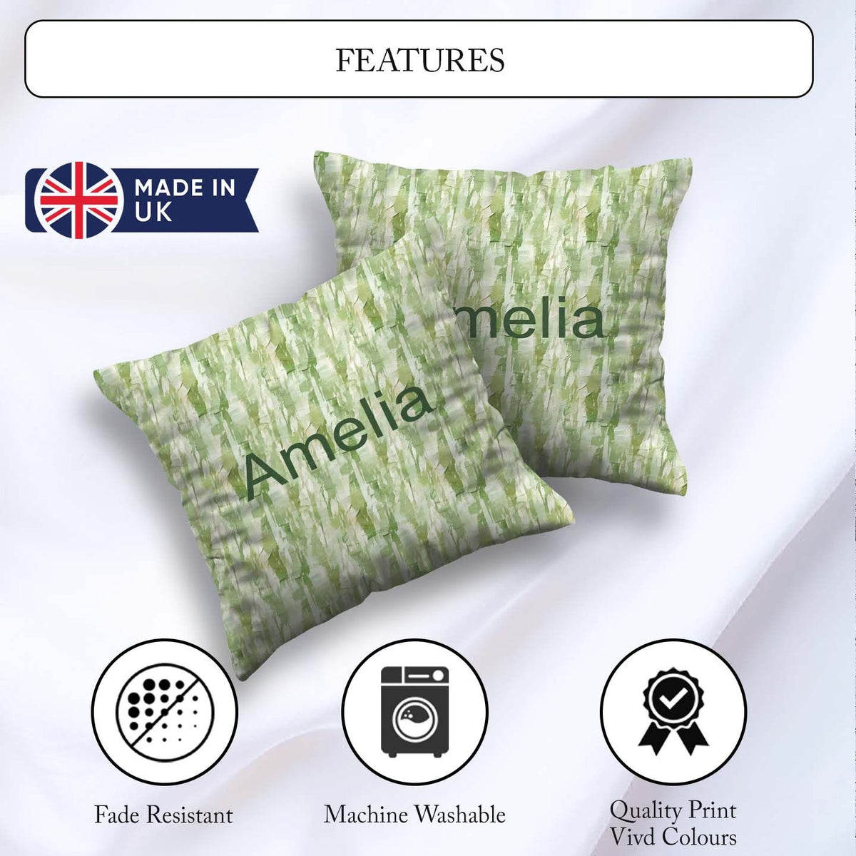 Custom Name Green Watercolor Abstract Texture Seamless Artistic Square Filled Cushion Throw Pillow Sofa Bed Home Decor Zip Washable UK Made