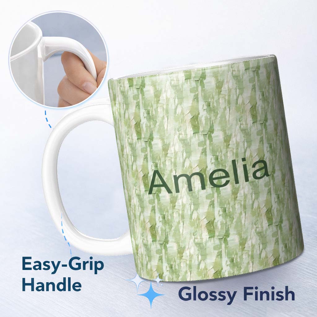 Personalized Custom Name Soft Green Watercolor Abstract Texture Seamless Pattern Artistic 11oz Ceramic Coffee Tea Mug White Large Handle