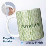 Personalized Custom Name Soft Green Watercolor Abstract Texture Seamless Pattern Artistic 11oz Ceramic Coffee Tea Mug White Large Handle