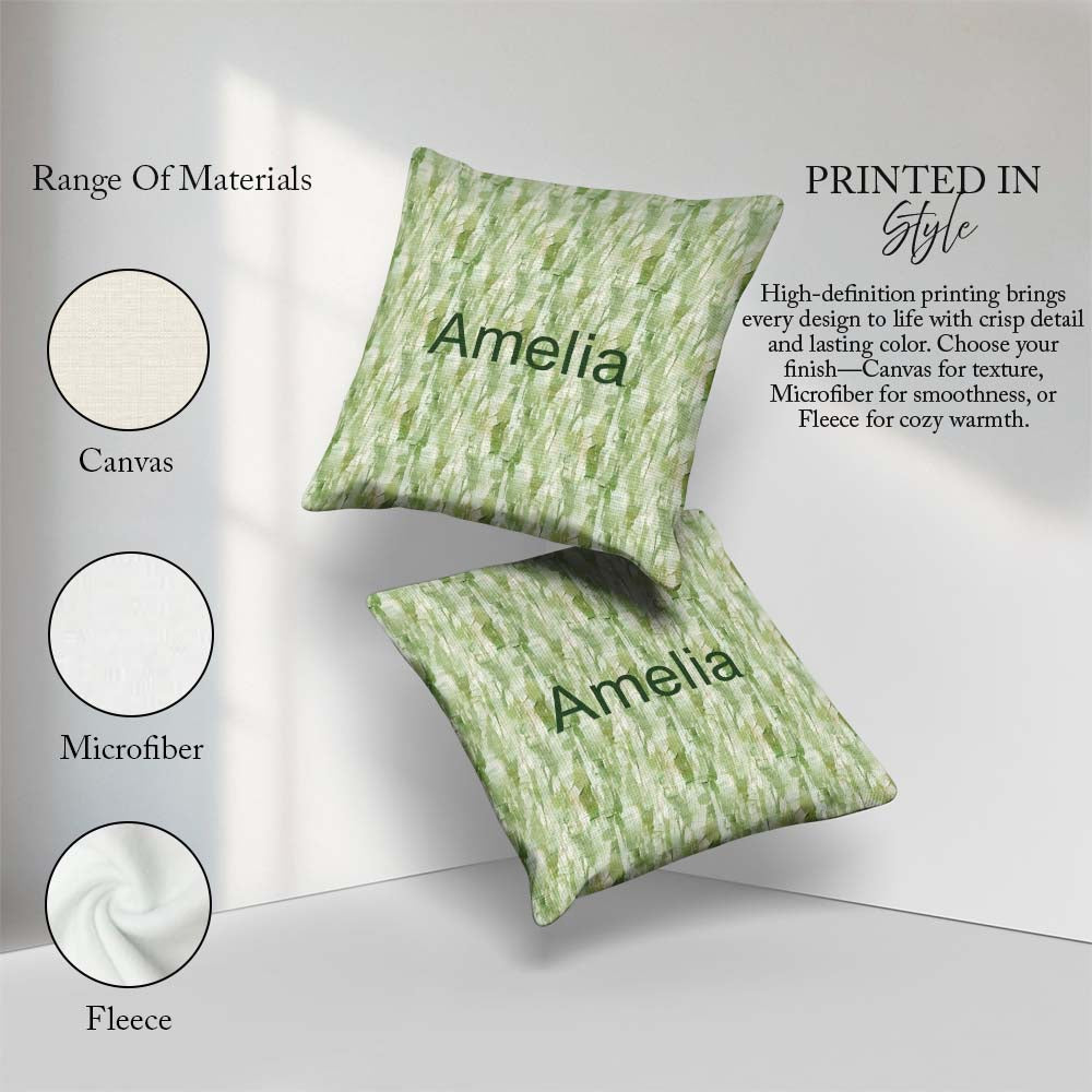 Custom Name Green Watercolor Abstract Texture Seamless Artistic Square Filled Cushion Throw Pillow Sofa Bed Home Decor Zip Washable UK Made