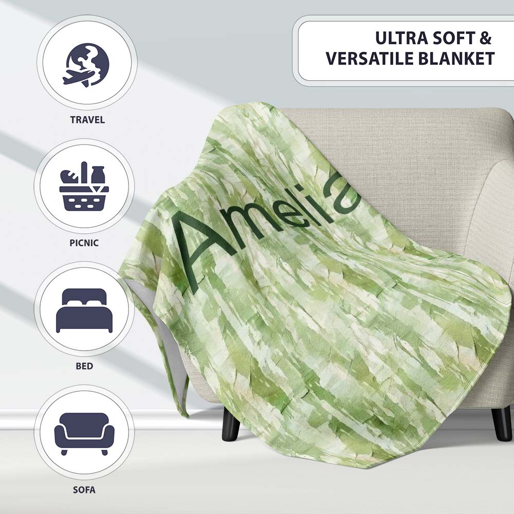 Soft Green Watercolor Abstract Texture Seamless Pattern Artistic  Personalised Custom Name Super Soft Fleece Blanket Bed Sofa Throw