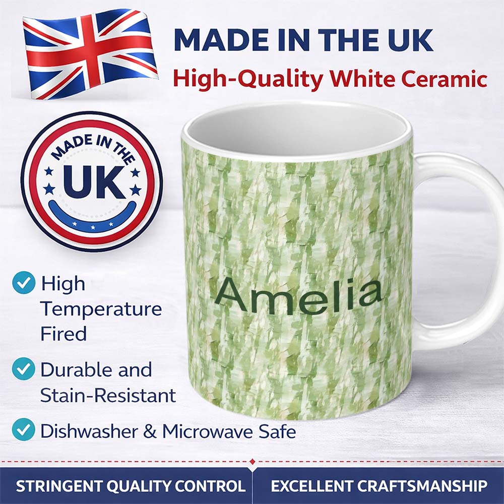 Personalized Custom Name Soft Green Watercolor Abstract Texture Seamless Pattern Artistic 11oz Ceramic Coffee Tea Mug White Large Handle