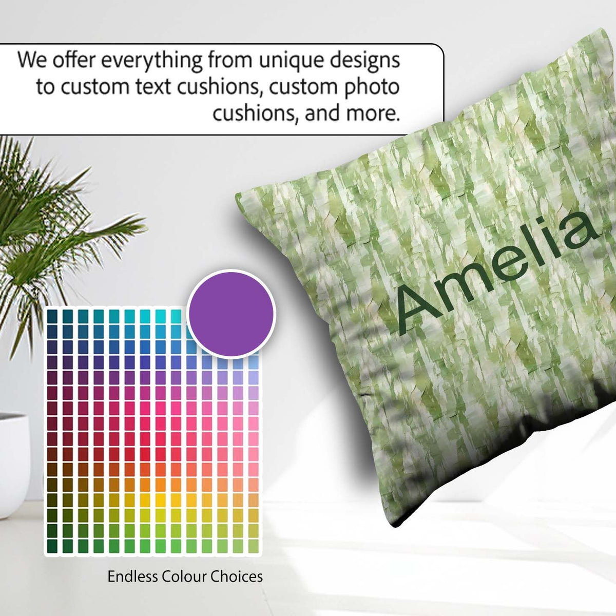 Custom Name Green Watercolor Abstract Texture Seamless Artistic Square Filled Cushion Throw Pillow Sofa Bed Home Decor Zip Washable UK Made