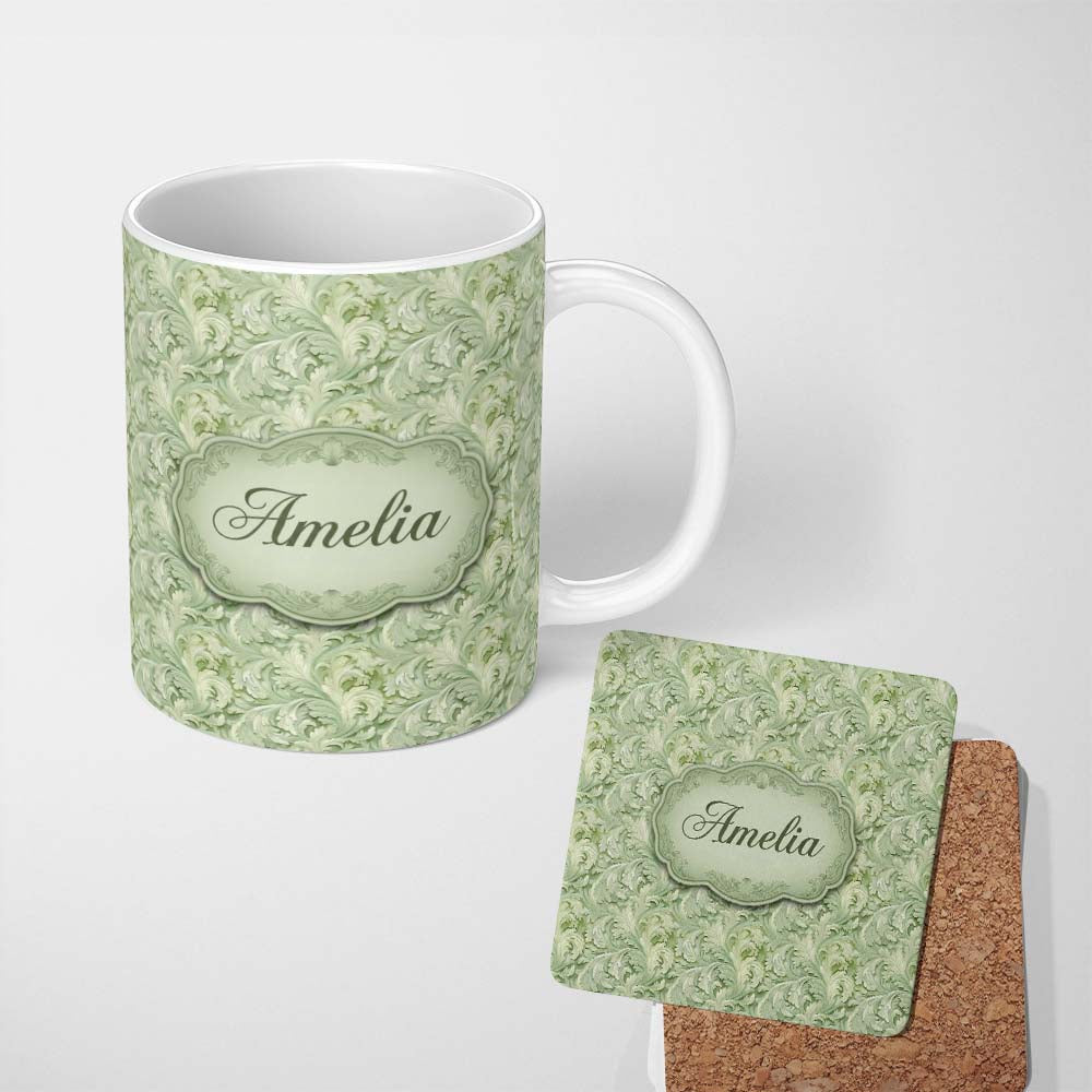 Personalized Custom Name Elegant Sage Green Ornamental Damask Seamless Pattern Classic Name 11oz Ceramic Coffee Tea Mug White Large Handle