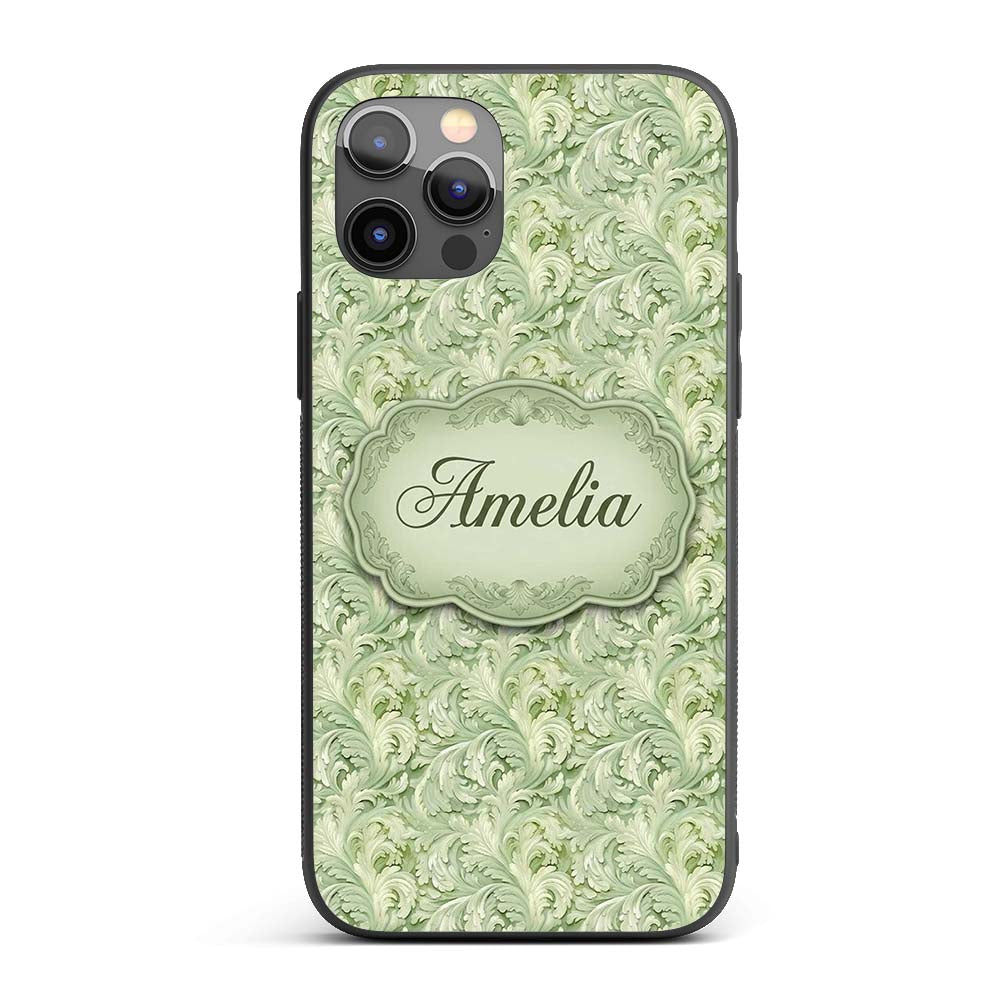 Elegant Sage Green Ornamental Damask Seamless Custom Name Protective Phone Case Mobile Cover Durable Everyday Smartphone Shock Resistant