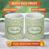 Personalized Custom Name Elegant Sage Green Ornamental Damask Seamless Pattern Classic Name 11oz Ceramic Coffee Tea Mug White Large Handle