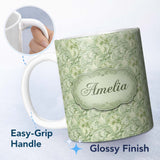 Personalized Custom Name Elegant Sage Green Ornamental Damask Seamless Pattern Classic Name 11oz Ceramic Coffee Tea Mug White Large Handle