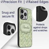 Elegant Sage Green Ornamental Damask Seamless Custom Name Protective Phone Case Mobile Cover Durable Everyday Smartphone Shock Resistant
