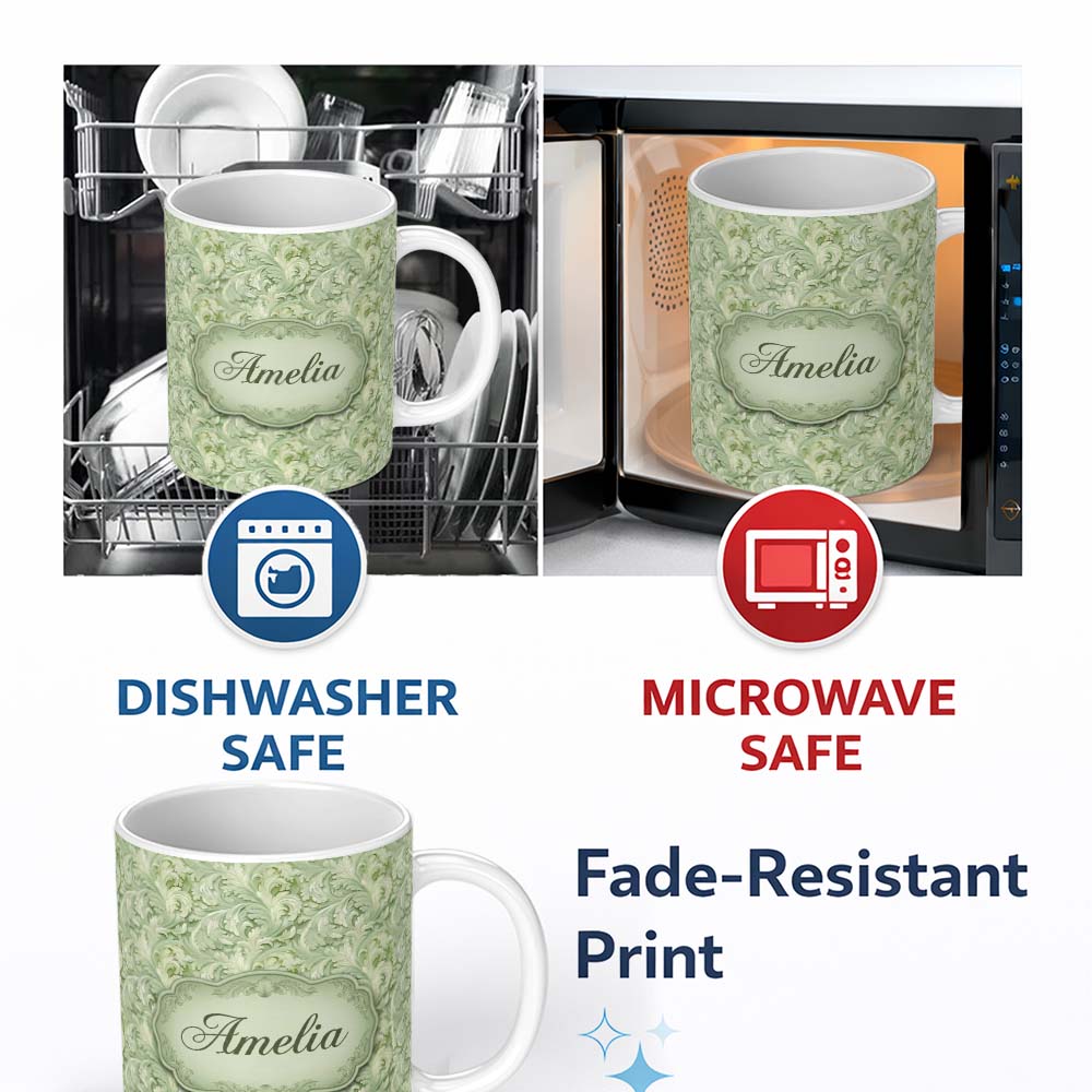 Personalized Custom Name Elegant Sage Green Ornamental Damask Seamless Pattern Classic Name 11oz Ceramic Coffee Tea Mug White Large Handle