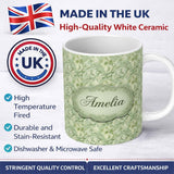 Personalized Custom Name Elegant Sage Green Ornamental Damask Seamless Pattern Classic Name 11oz Ceramic Coffee Tea Mug White Large Handle