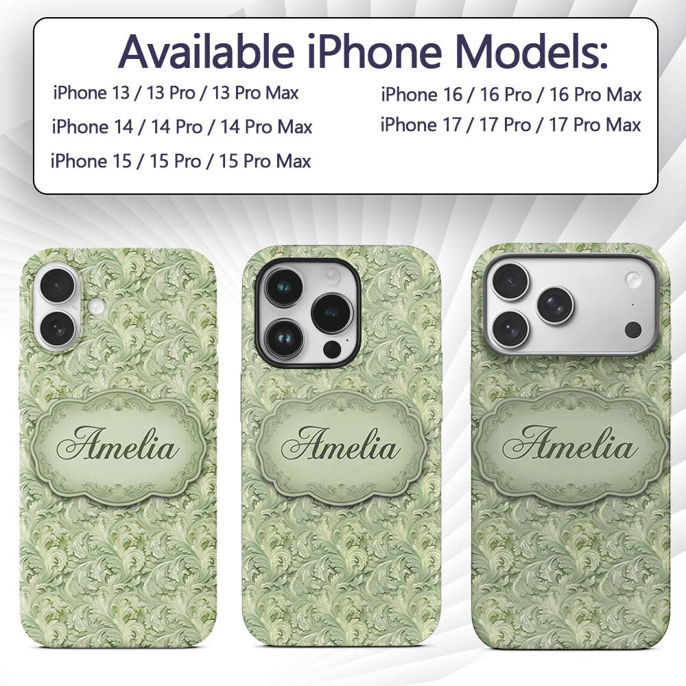 Elegant Sage Green Ornamental Damask Seamless Custom Name Protective Phone Case Mobile Cover Durable Everyday Smartphone Shock Resistant