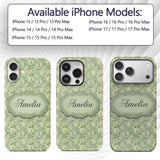 Elegant Sage Green Ornamental Damask Seamless Custom Name Protective Phone Case Mobile Cover Durable Everyday Smartphone Shock Resistant