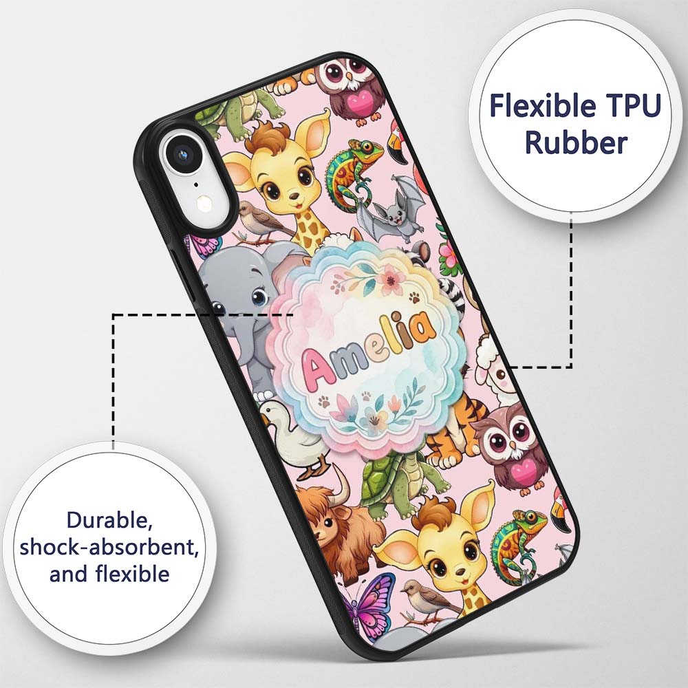 Cute Cartoon Jungle Safari Animals Printed Design Custom Name Protective Phone Case Mobile Cover Durable Everyday Smartphone Shock Resistant