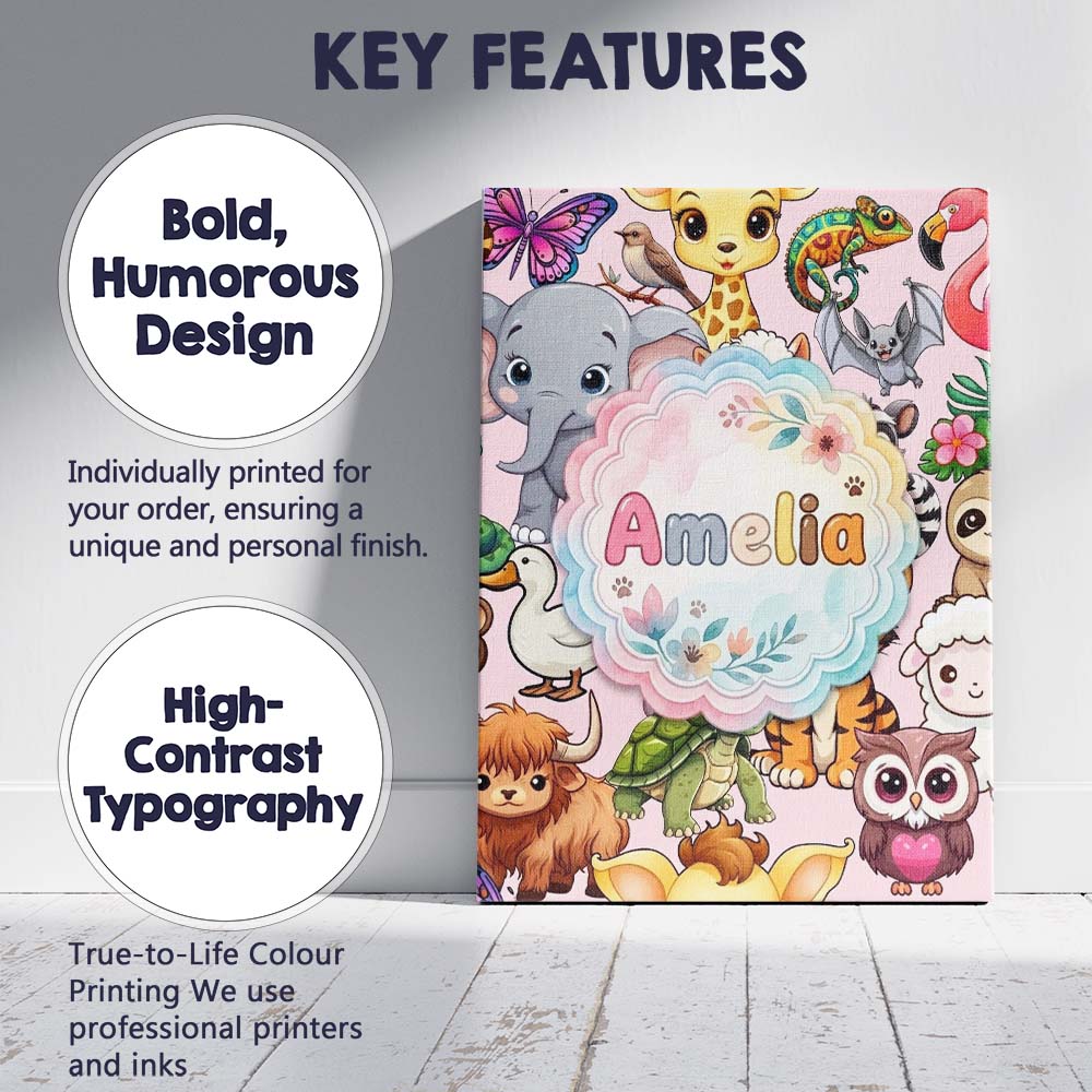 Personalised Name Cute Cartoon Jungle Custom Modern Room Accent Creative Decorator Style Canvas Wall Art Print Decor Picture Ready to Hang