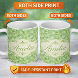 Personalized Custom Name Flowing Green Abstract Leaf Texture Seamless Pattern Modern Organic 11oz Ceramic Coffee Tea Mug White Large Handle
