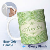 Personalized Custom Name Flowing Green Abstract Leaf Texture Seamless Pattern Modern Organic 11oz Ceramic Coffee Tea Mug White Large Handle