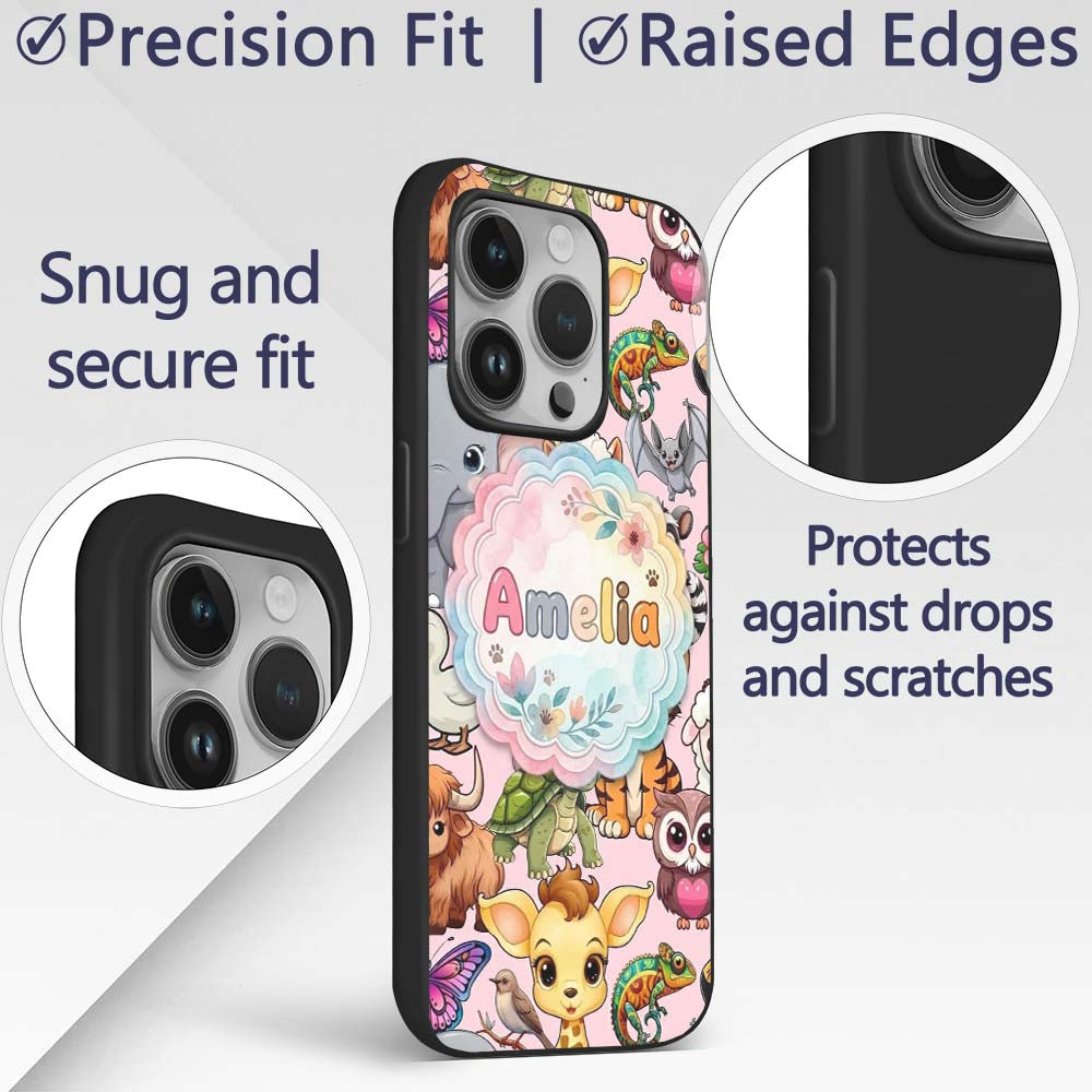 Cute Cartoon Jungle Safari Animals Printed Design Custom Name Protective Phone Case Mobile Cover Durable Everyday Smartphone Shock Resistant