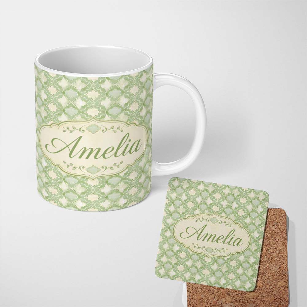 Personalized Custom Name Geometric Green Moroccan Tile Seamless Pattern Vintage Style Name 11oz Ceramic Coffee Tea Mug White Large Handle