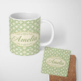 Personalized Custom Name Geometric Green Moroccan Tile Seamless Pattern Vintage Style Name 11oz Ceramic Coffee Tea Mug White Large Handle