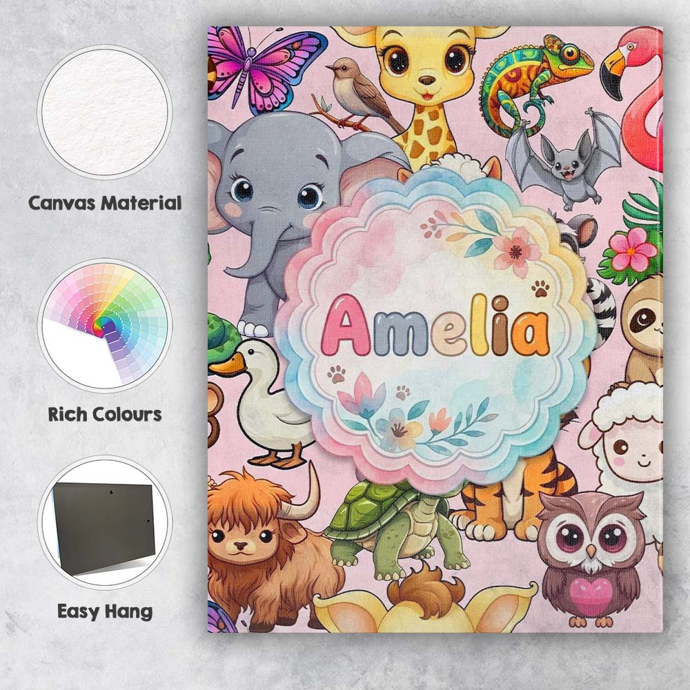 Personalised Name Cute Cartoon Jungle Custom Modern Room Accent Creative Decorator Style Canvas Wall Art Print Decor Picture Ready to Hang