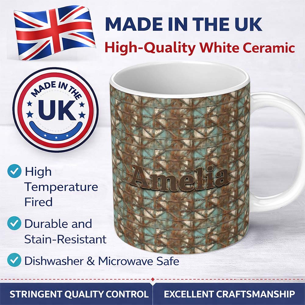 Personalized Custom Name Rustic Geometric Metal Texture Seamless Pattern Weathered 11oz Ceramic Coffee Tea Mug White Large Handle