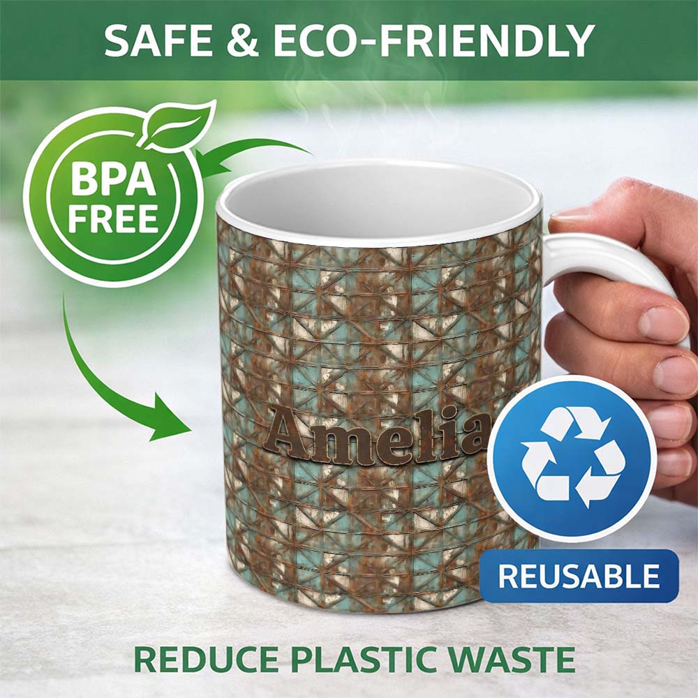 Personalized Custom Name Rustic Geometric Metal Texture Seamless Pattern Weathered 11oz Ceramic Coffee Tea Mug White Large Handle