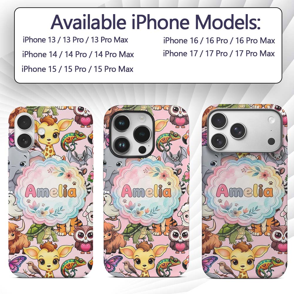 Cute Cartoon Jungle Safari Animals Printed Design Custom Name Protective Phone Case Mobile Cover Durable Everyday Smartphone Shock Resistant