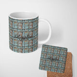 Personalized Custom Name Vintage Blue Tile Metal Grid Seamless Pattern Distressed Industrial 11oz Ceramic Coffee Tea Mug White Large Handle