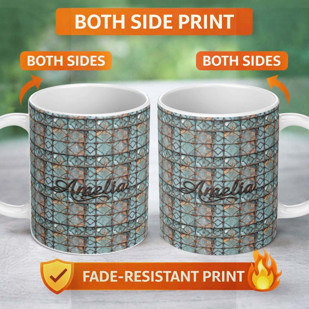 Personalized Custom Name Vintage Blue Tile Metal Grid Seamless Pattern Distressed Industrial 11oz Ceramic Coffee Tea Mug White Large Handle