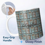 Personalized Custom Name Vintage Blue Tile Metal Grid Seamless Pattern Distressed Industrial 11oz Ceramic Coffee Tea Mug White Large Handle