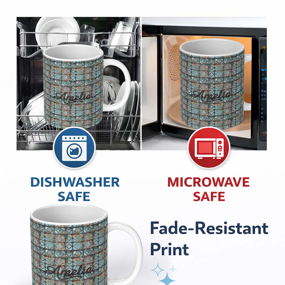 Personalized Custom Name Vintage Blue Tile Metal Grid Seamless Pattern Distressed Industrial 11oz Ceramic Coffee Tea Mug White Large Handle